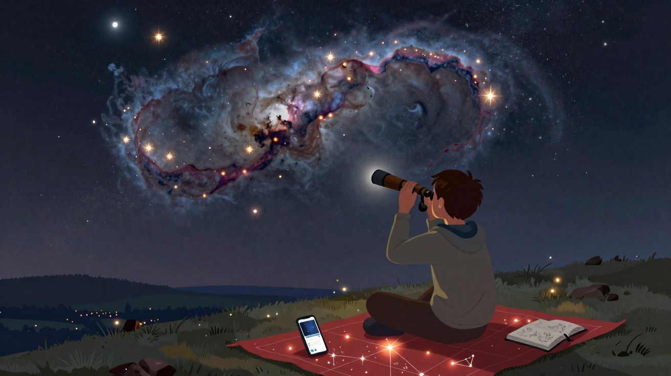 Rapaz sentado na relva à noite a observar o céu estrelado com um telescópio, ao lado tem um caderno e telemóvel.