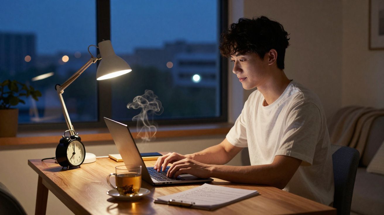 Jovem a trabalhar num computador portátil à noite, com chá fumegante e bloco de notas numa mesa iluminada por candeeiro.