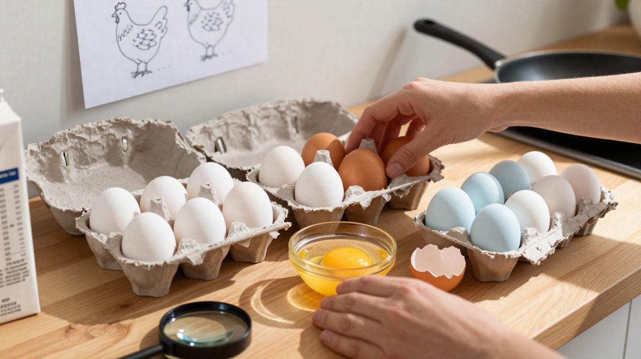 Ovos brancos, castanhos e azuis em caixotes de cartão, ao lado de um ovo partido numa taça, numa bancada de cozinha.