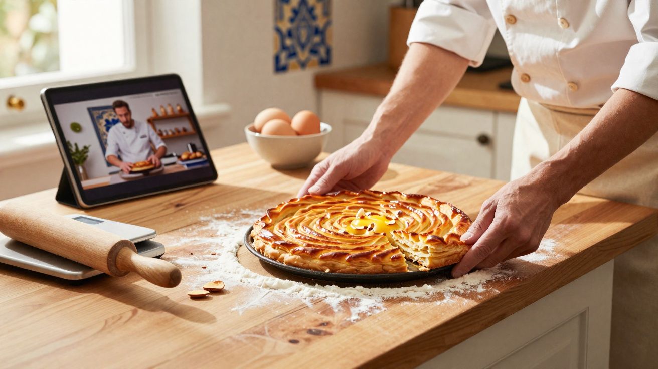 Pessoa a retirar tarte caseira dourada do tabuleiro numa cozinha, seguindo receita em vídeo num tablet.