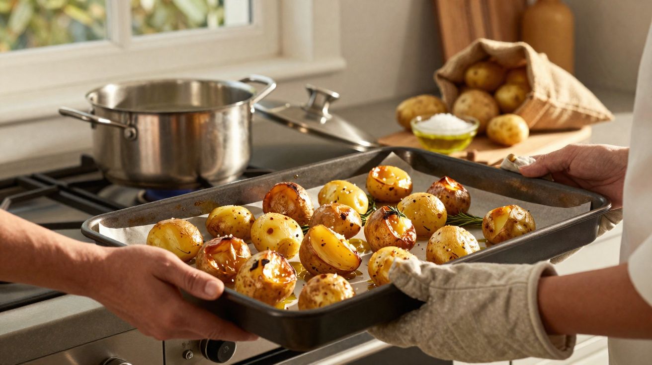 Duas pessoas retiram do forno um tabuleiro com batatas assadas temperadas na cozinha.