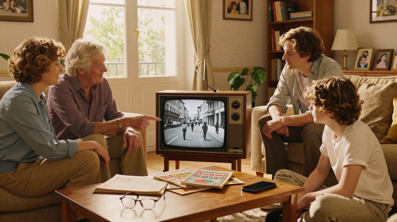 Quatro pessoas de várias idades sentadas numa sala a ver televisão antiga a preto e branco.