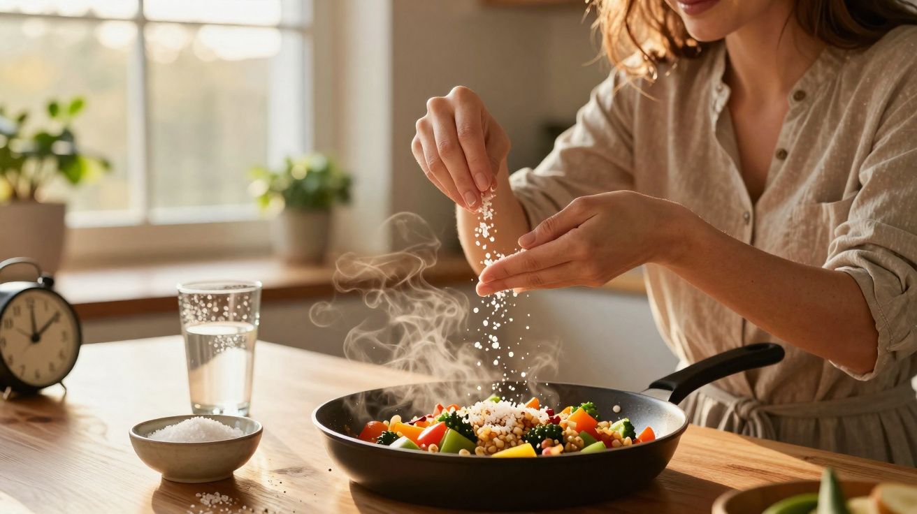Pessoa a temperar legumes e cereais numa frigideira com sal, numa cozinha iluminada pela luz natural.