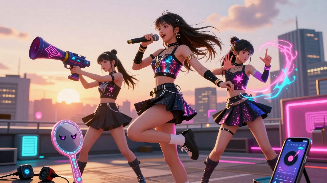 Três jovens animadas em roupas brilhantes cantam e dançam num terraço urbano ao pôr do sol com luzes e tecnologia neon.