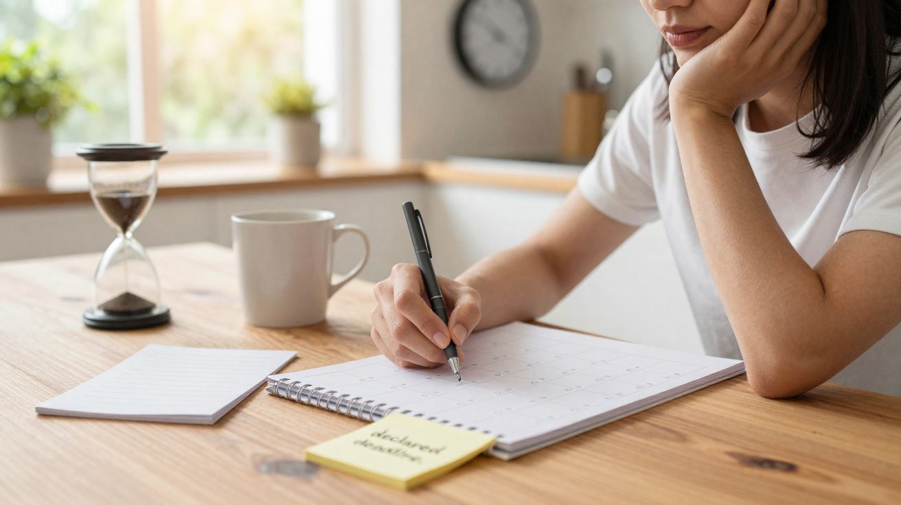 Pessoa a escrever num calendário numa mesa de madeira com caneca, ampulheta e bloco de notas.