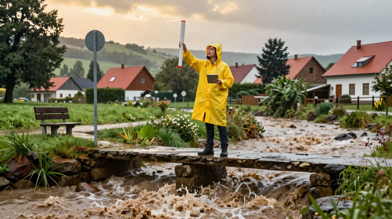 Pessoa com impermeável amarelo mede o nível de água em rio turbulento numa vila rural com casas ao fundo.