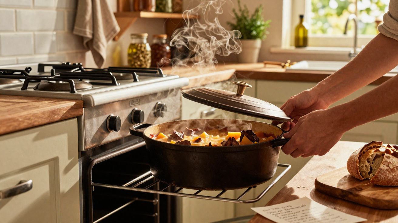 Pessoa a retirar panela com comida fumegante do forno numa cozinha acolhedora e bem iluminada.