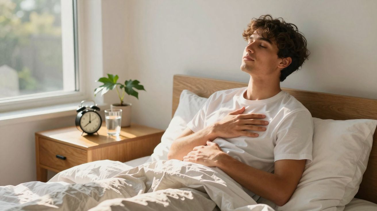 Homem jovem sentado na cama com olhos fechados e mãos no peito em quarto iluminado pelo dia.