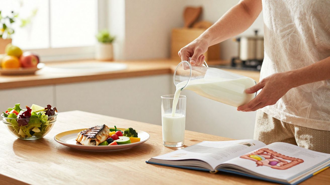 Pessoa a ver livro de culinária enquanto serve leite num copo na cozinha moderna com refeição saudável na mesa.