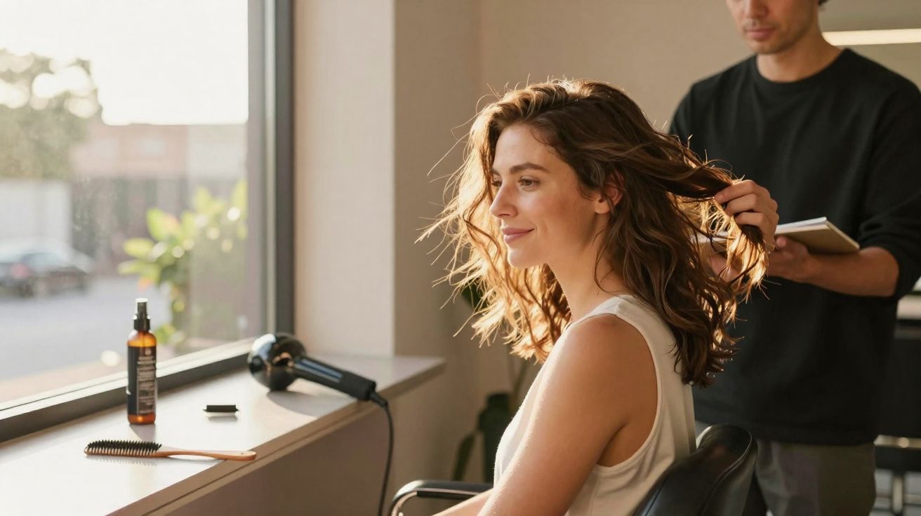 Mulher sorridente sentada numa cadeira de cabeleireiro enquanto hairstylist pega no seu cabelo.