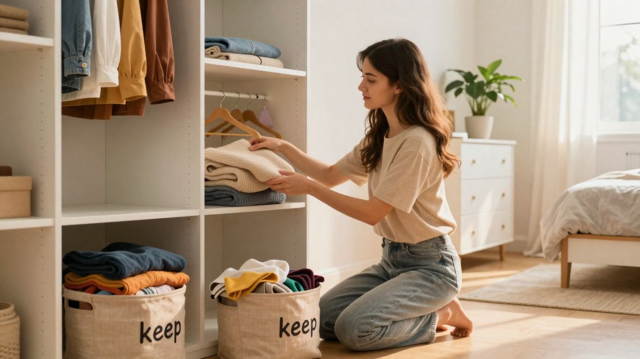 Mulher organiza roupas em prateleiras brancas numa divisão com cama e luz natural.