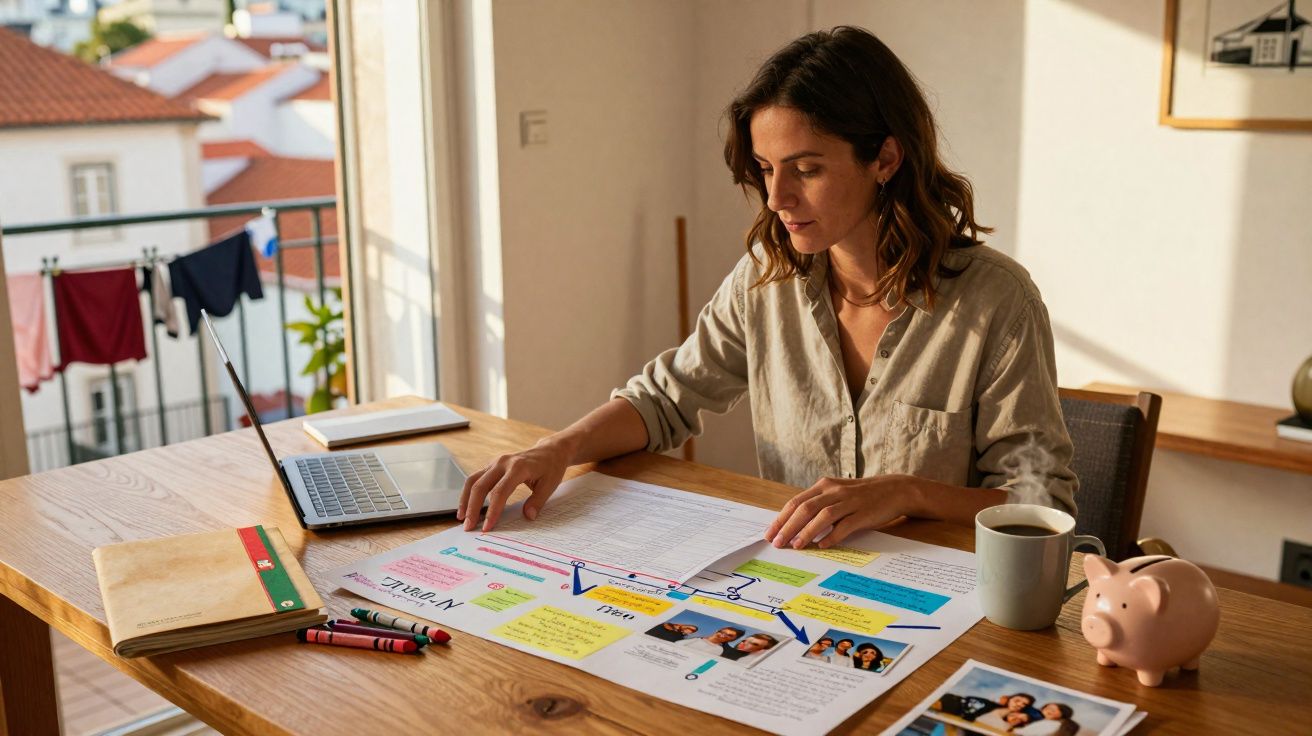 Mulher a trabalhar em casa, analisando papéis com gráficos, notas adesivas e fotos numa mesa de madeira.