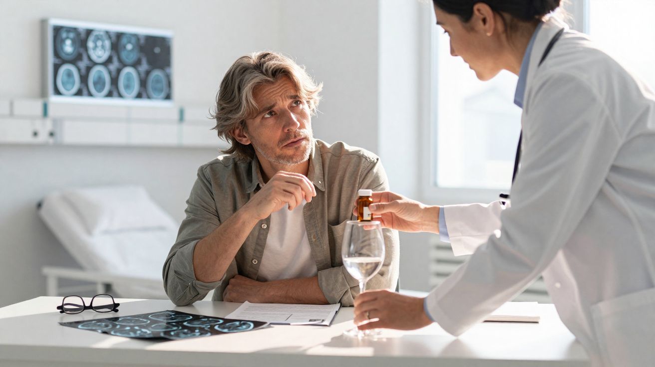 Médica entrega medicação e copo de água a paciente sentado numa clínica, com imagens de exames na mesa.