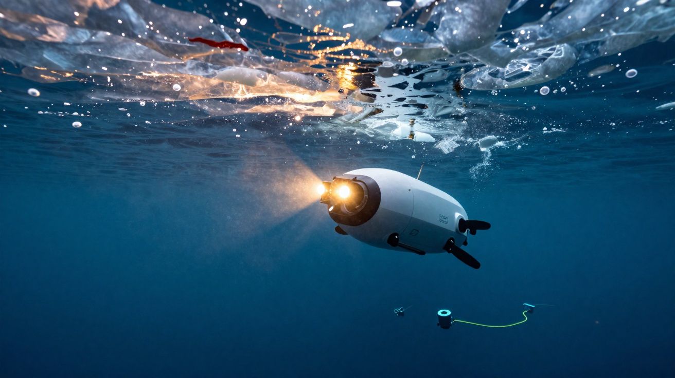 Veículo subaquático autónomo com luz a explorar as profundezas marinhas perto da superfície da água.