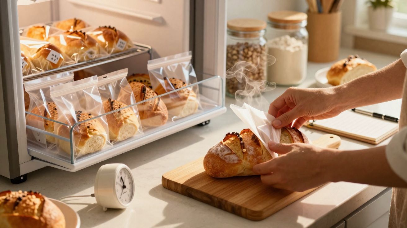 Mãos a embalar pão quente numa cozinha com várias embalagens de pão num expositor transparente.