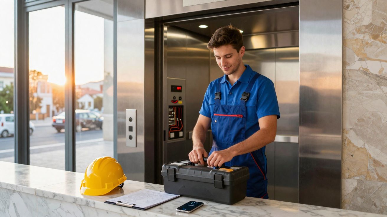 Técnico com macacão azul a abrir uma caixa de ferramentas junto a um elevador num edifício moderno.