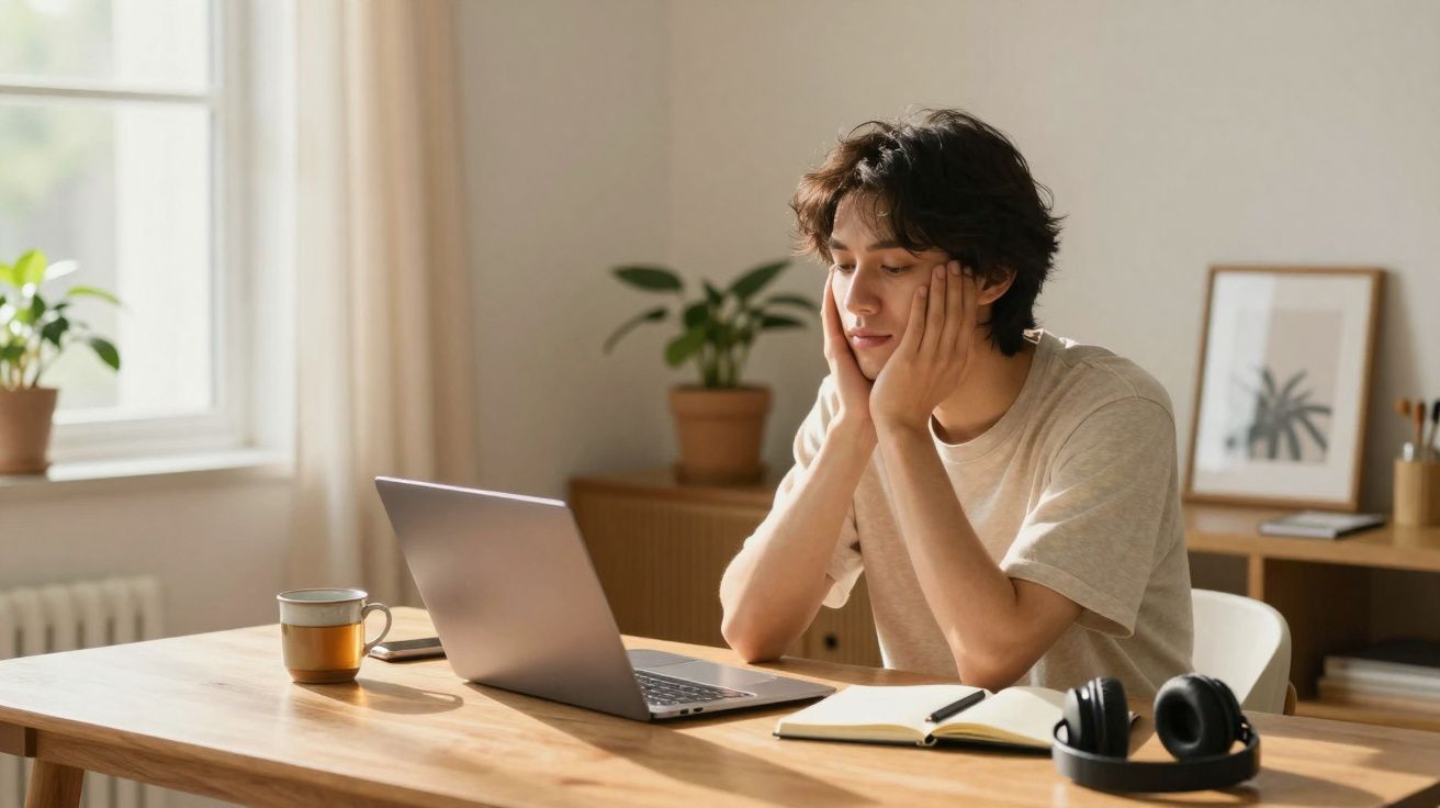 Jovem sentado à mesa com portátil, caderno aberto e auscultadores, olhando para o ecrã com expressão pensativa.