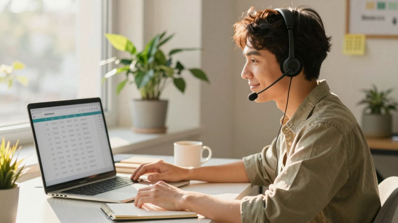 Jovem com headset a trabalhar no computador portátil numa mesa junto à janela iluminada naturalmente.