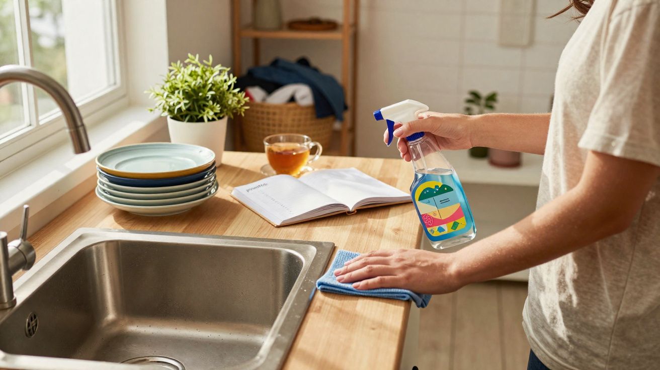 Pessoa a limpar bancada de cozinha ao lado de lava-loiça com pano azul e detergente spray.
