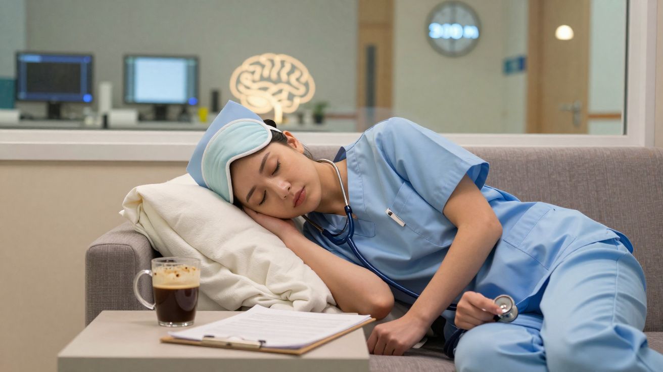 Enfermeira em pijama azul a descansar no sofá de hospital com máscara de dormir na cabeça.