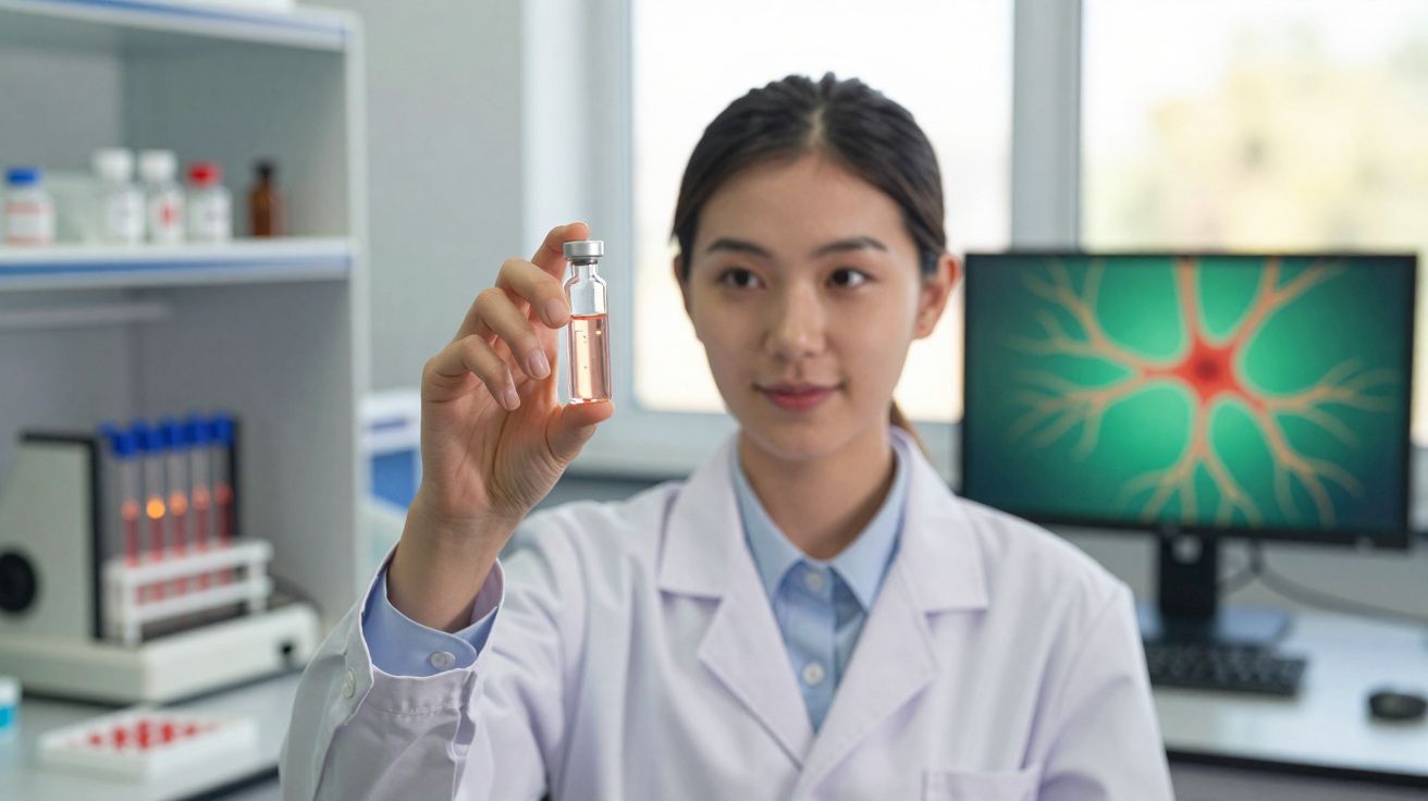 Cientista de bata branca segurando frasco com líquido rosa em laboratório com monitor ao fundo.