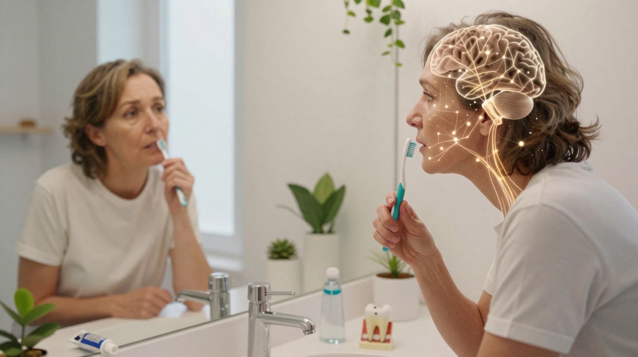 Mulher a escovar os dentes em frente ao espelho com ilustração digital do cérebro e sistema nervoso na cabeça.