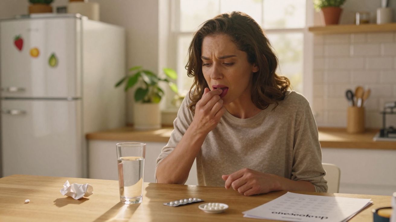 Mulher preocupa-se a tomar medicação sentada à mesa da cozinha com copo de água e documentos à sua frente.