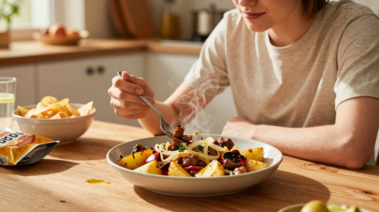 Pessoa a saborear refeição quente com batatas, vegetais e carne num prato branco numa mesa de madeira.