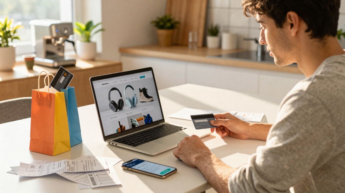 Homem a fazer compras online com computador portátil, cartão de crédito e sacos coloridos na mesa.