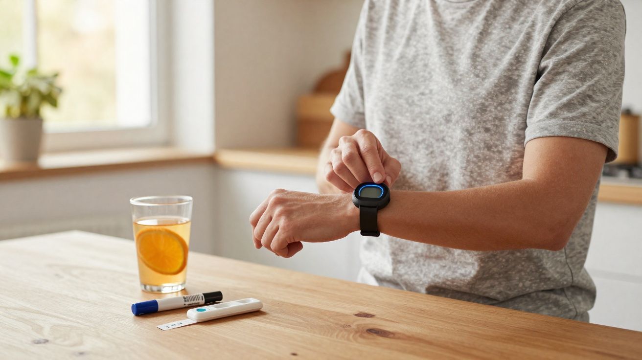Pessoa a usar um relógio inteligente na cozinha, com um teste rápido e marcador numa mesa de madeira.