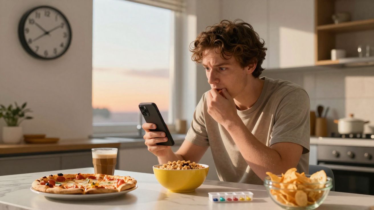 Jovem preocupado a olhar para o telemóvel enquanto come cereais à mesa da cozinha com pizza, café e batatas fritas.