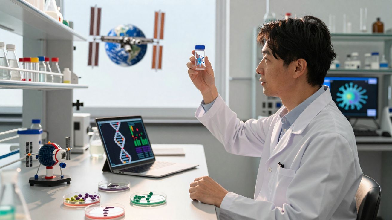 Cientista observa frasco com amostra em laboratório de genética com computador e modelo do DNA ao fundo.