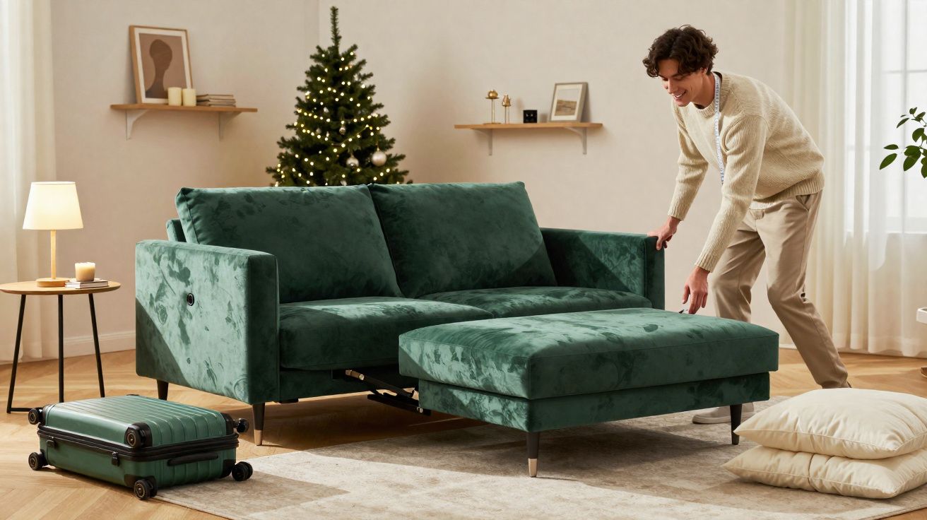 Pessoa a ajustar sofá verde escuro na sala com árvore de Natal e mala verde no chão.