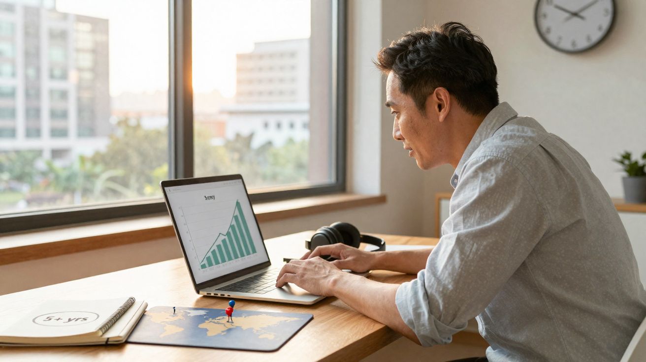 Homem a trabalhar num portátil que mostra um gráfico de crescimento numa mesa junto a uma janela.