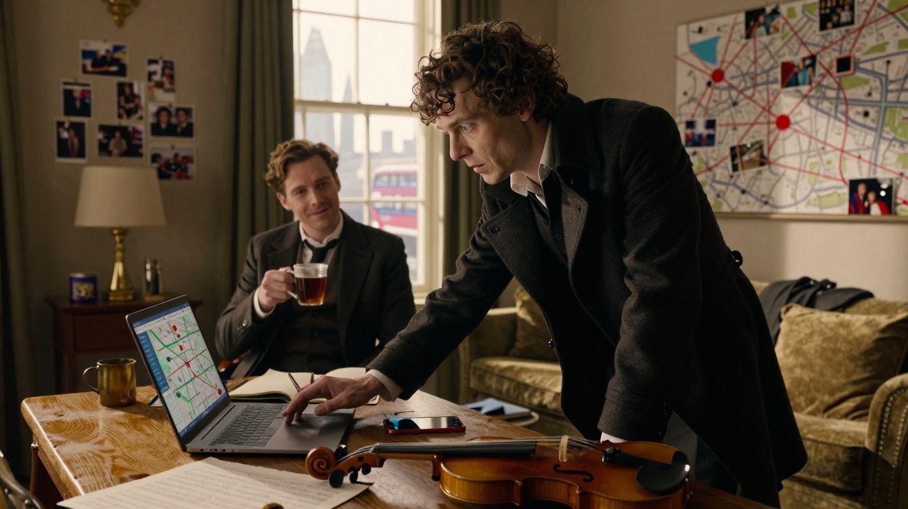 Dois homens em sala com mapa, violino, computador portátil e chá, um consulta o laptop enquanto o outro observa sorrindo.