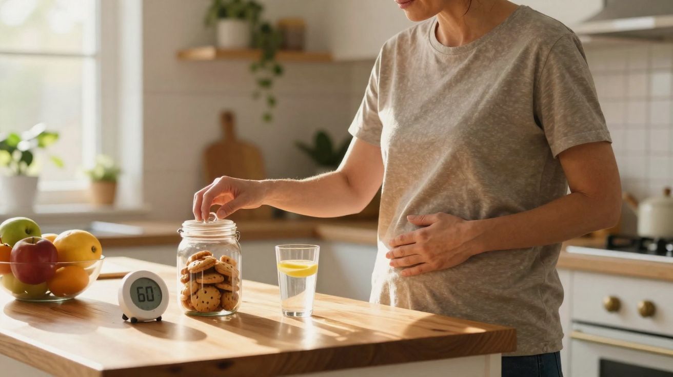 Mulher grávida na cozinha a pegar um bolacha num frasco, com copo de água e frutas na bancada.