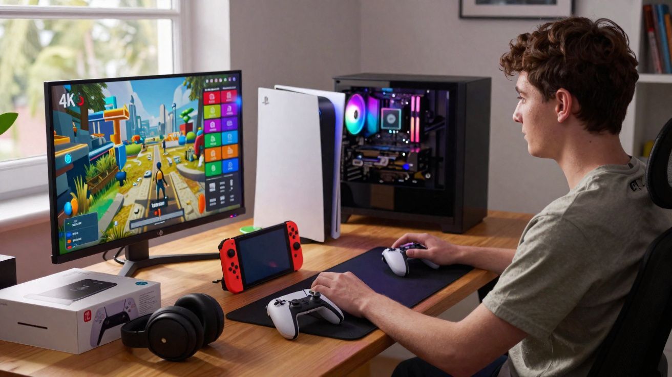 Jovem a jogar videojogo num computador com teclado, comandos e consola Nintendo numa secretária junto a uma janela.