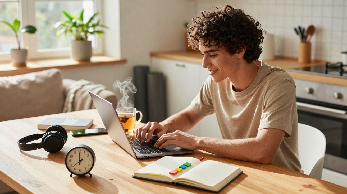 Jovem a trabalhar num portátil numa cozinha, com livro aberto, chá a fumegar e auscultadores sobre a mesa.