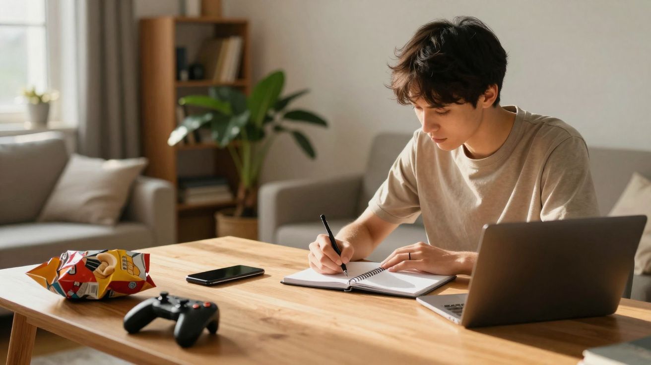 Jovem sentado à mesa a escrever num caderno com portátil, comando e telemóvel ao lado, numa sala iluminada.