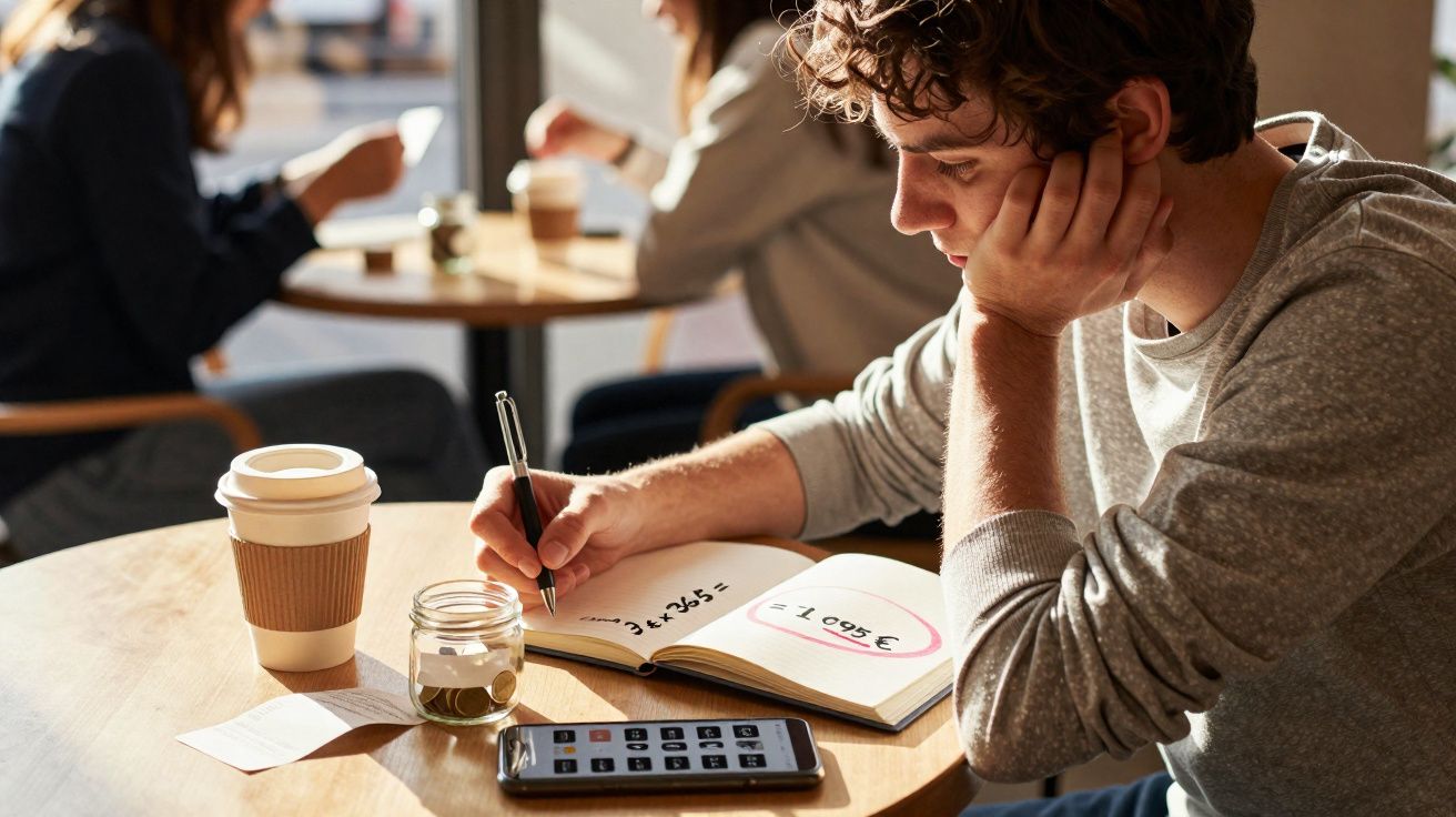 Homem sentado numa mesa de café a fazer contas num caderno, com jarro de moedas, telemóvel e café.