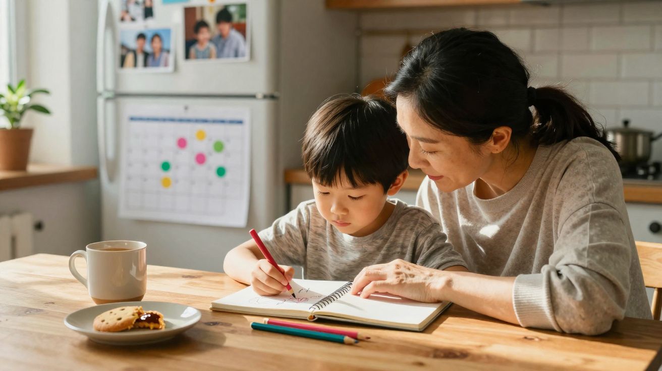 Mãe ajuda filho a desenhar num caderno na cozinha com lápis de cor e uma chávena e bolachas na mesa.