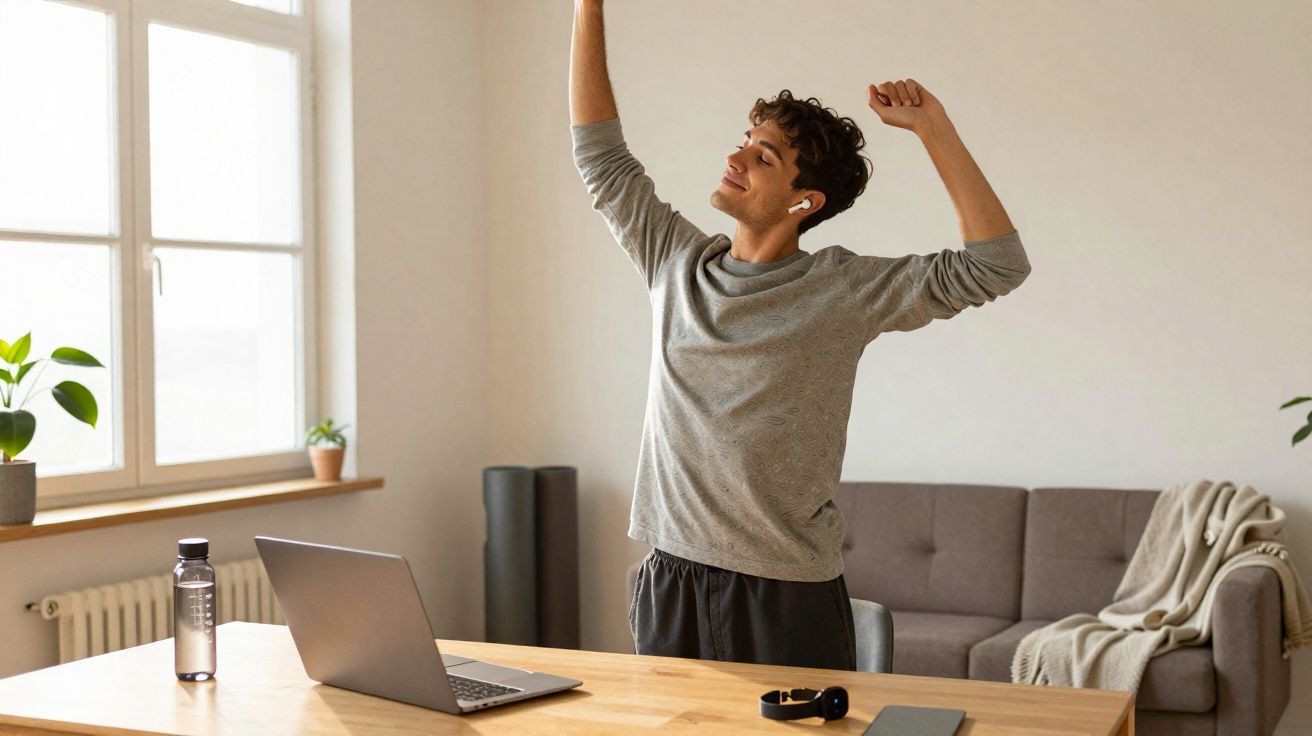 Jovem a esticar os braços num escritório em casa, com computador portátil e headphones na mesa.