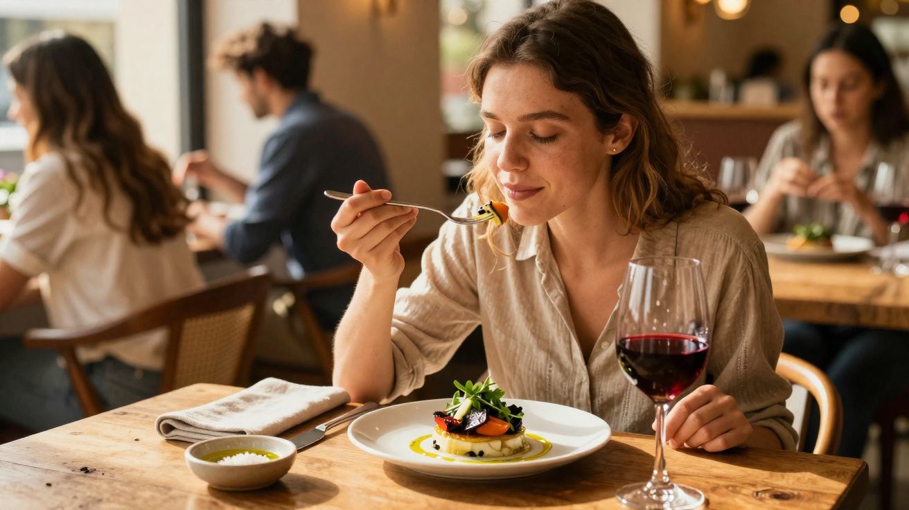 Mulher a saborear uma refeição gourmet acompanhada por um copo de vinho num restaurante acolhedor.