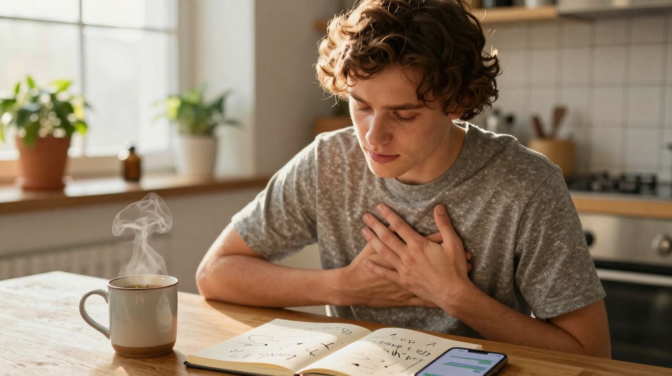 Jovem sentado à mesa com dor no peito, ao lado de chá quente, caderno com notas e telemóvel.