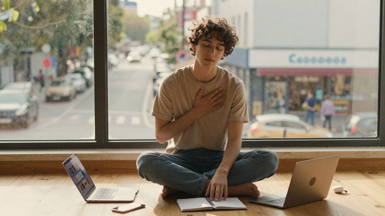 Jovem sentado no chão em posição de meditação, com olhos fechados e mão no peito, entre dois computadores portáteis.