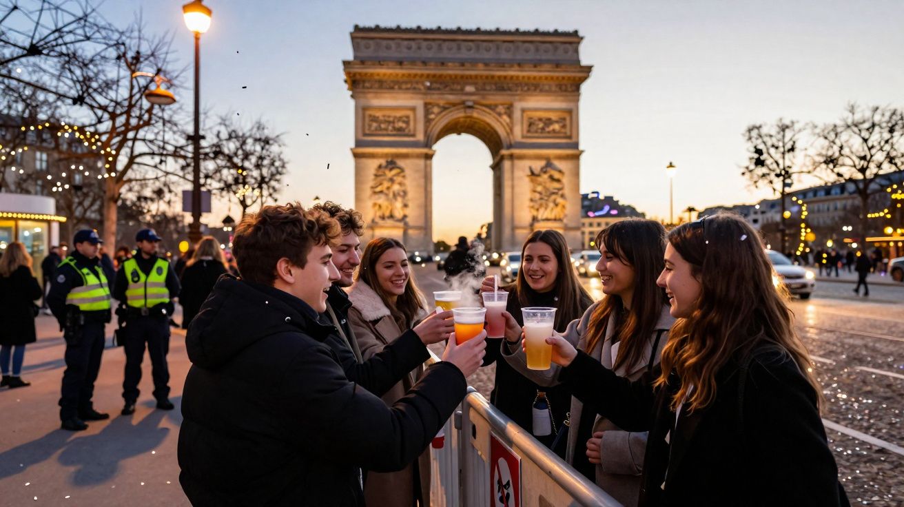 Grupo de jovens a brindar na rua perto do Arco do Triunfo ao pôr do sol em Paris.