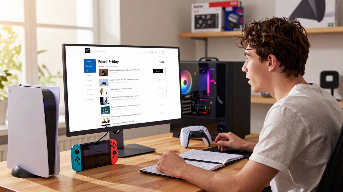 Jovem sentado à secretária a consultar ofertas de Black Friday num computador com vários dispositivos de videojogos à volta.