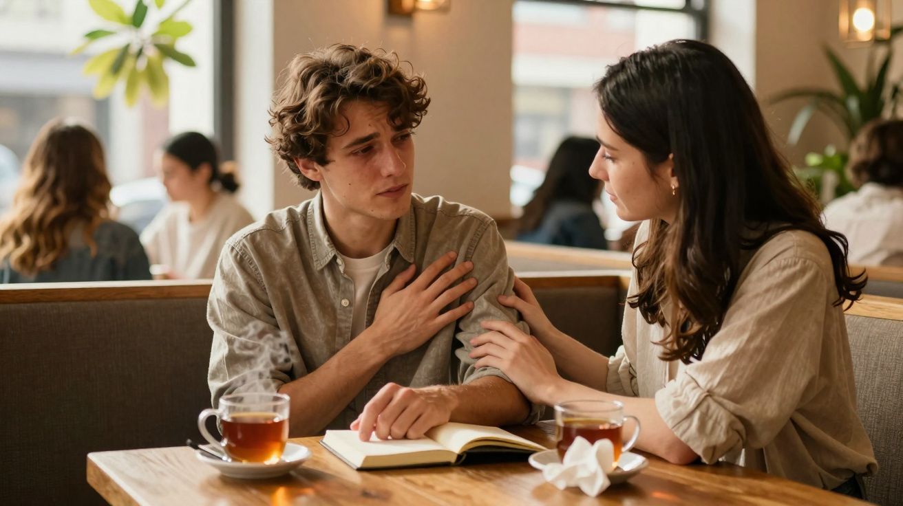 Jovem homem aflito conversa com mulher que lhe conforta num café com chá e livro aberto na mesa.