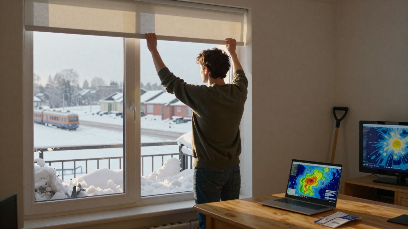 Pessoa a abrir persiana de janela para ver paisagem de neve e comboio com computador portátil com mapas meteorológicos.
