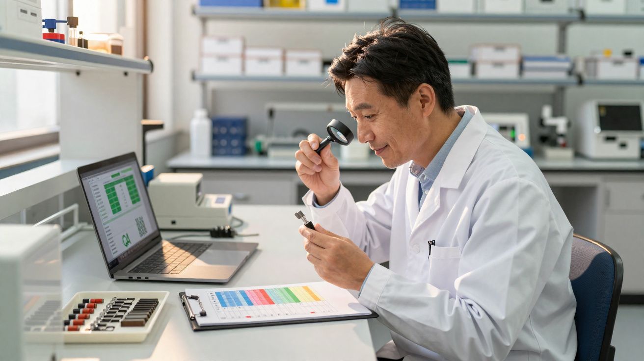 Homem de jaleco branco a examinar objeto com lupa num laboratório moderno e bem iluminado.